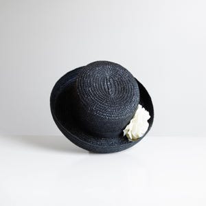Vintage Navy Blue Straw Bowler Derby Hat Rolled Brim Vintage Straw Breton Hat, Women Bowler Hat, 1980s Hat  main image 2
