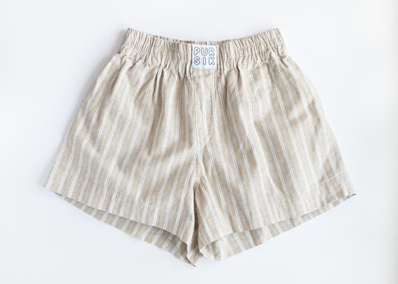 Elegant short cotton boxers with beige and white stripes – unisex loungewear made from deadstock fabric - Striped Boxer Shorts 02/065/K/2_3