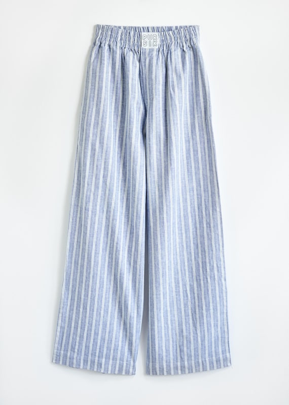 Maritime long cotton boxers with blue and white stripes – unisex loungewear made from deadstock fabric - Striped Pants 02/064/L/1_3