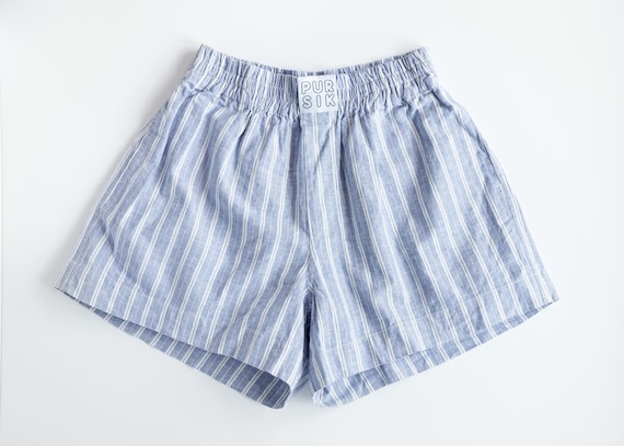 Nautical short cotton boxers with blue and white stripes – unisex loungewear made from deadstock fabric - Striped Boxer Shorts 02/064/K/1_2