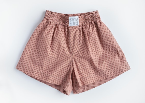 Short cotton boxer shorts with retro pattern – Orange Pattern Shorts – Unisex boxer shorts made from deadstock fabric 02/088/K/1_2_3