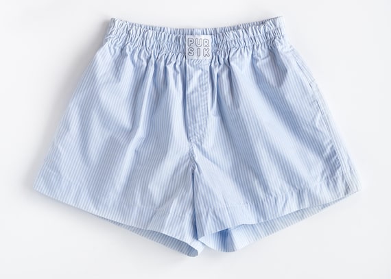 Short cotton boxer shorts – Light blue and white striped unisex shorts – Textured shirt fabric – Handmade & sustainable 02/089/K/2_3