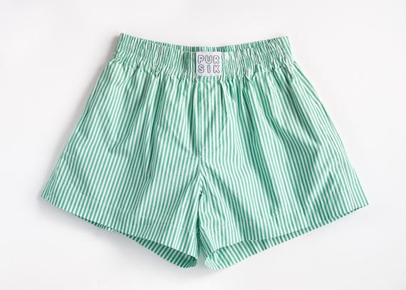 Short cotton boxer shorts – green and white striped unisex pants – summer shorts handmade – gender-neutral & sustainable 01/057/K/2