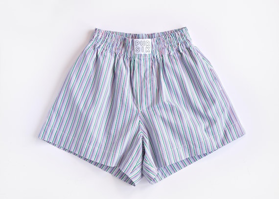 Boxer shorts – Multi-coloured striped cotton shorts – Unisex boxer shorts made of shirt fabric – Made from deadstock fabric 02/077/K/1