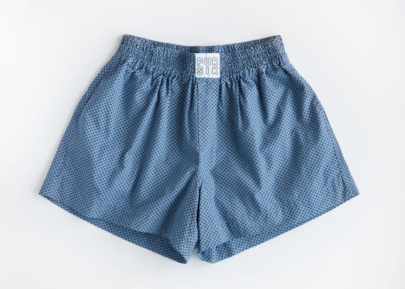 Short cotton boxer shorts with retro pattern – Blue Pattern Shorts – Unisex boxer shorts made from deadstock fabric 02/061/K/1_2_3