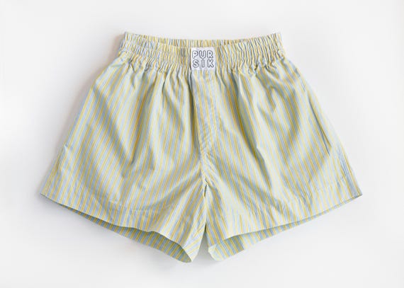 Boxer shorts – Yellow Light Blue Striped Cotton Shorts – Unisex Boxer made from Shirt Fabric – Made from Deadstock Fabric 02/076/K/2