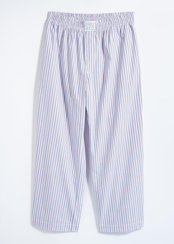 Long cotton boxers in blue and lilac stripes – unisex shorts made from deadstock fabric, sustainable & handmade in Germany 01/053/L/3