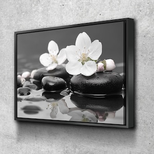Floral Zen Stones Black Bathroom Wall Art | Bathroom Wall Decor | Bathroom Canvas Art Prints | Canvas Wall Art v2