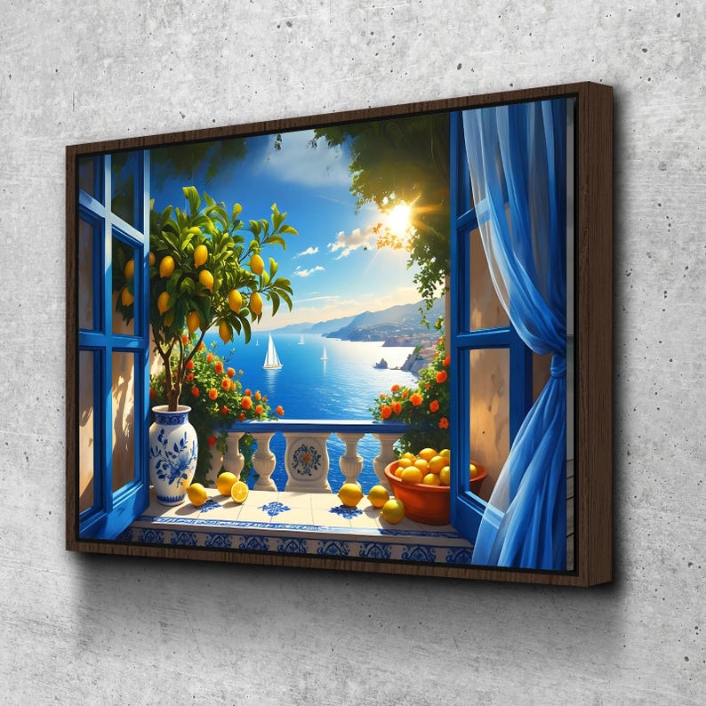 Peut inclure: Impression sur toile encadr&eacute;e d'une vue c&ocirc;ti&egrave;re &agrave; travers une fen&ecirc;tre bleue. Un citronnier dans un vase d&eacute;coratif est pos&eacute; sur un balcon carrel&eacute;, avec des citrons &eacute;parpill&eacute;s. La mer et des voiliers sont visibles au loin.