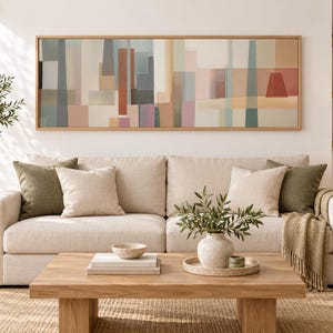 Abstracte geometrische vormen als wanddecoratie | Kleurblokprint in mid-century modern stijl | Gedempte pastelkleuren op canvas of ingelijste wanddecoratie