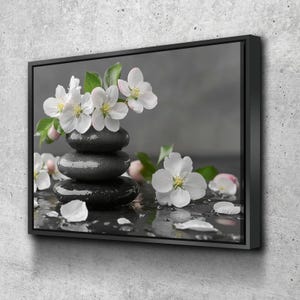 Floral Zen Stones Black Bathroom Wall Art | Bathroom Wall Decor | Bathroom Canvas Art Prints | Canvas Wall Art v3