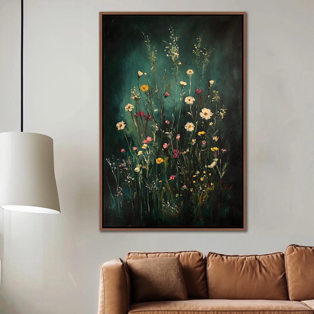 Wildflower Field Framed Canvas Wall Art, Vintage Botanical Landscape ...