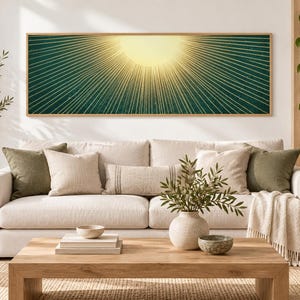 Abstracte gouden zonnestralen muurdecoratie | Moderne zonnestralen lijntekening | Turquoise goudkleurig getextureerd canvas of ingelijste muurdecoratie