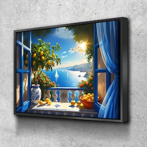 Peut inclure: Impression d'art encadr&eacute;e repr&eacute;sentant une vue c&ocirc;ti&egrave;re &agrave; travers une fen&ecirc;tre bleue. Un citronnier dans un vase d&eacute;coratif est sur un balcon donnant sur la mer. Des citrons sont &eacute;parpill&eacute;s sur le sol carrel&eacute; et un bol de citrons est sur le balcon.