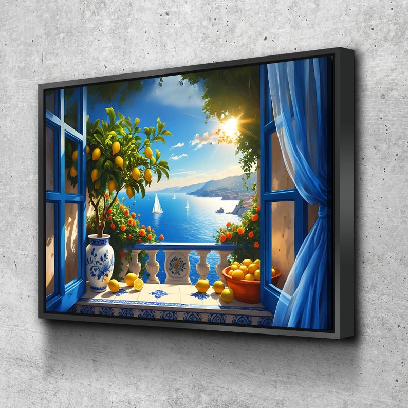Peut inclure: Impression d'art encadr&eacute;e repr&eacute;sentant une vue c&ocirc;ti&egrave;re &agrave; travers une fen&ecirc;tre bleue. Un citronnier dans un vase d&eacute;coratif est sur un balcon donnant sur la mer. Des citrons sont &eacute;parpill&eacute;s sur le sol carrel&eacute; et un bol de citrons est sur le balcon.