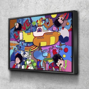 Beatles Yellow Submarine Canvas Art – Psychedelic Scene Featuring Iconic Characters for Music Lovers and Vintage Home Decor