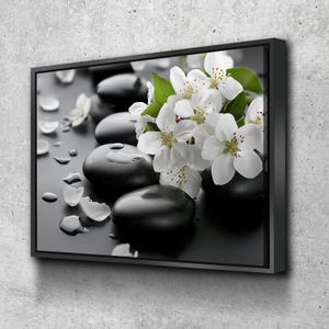 Floral Zen Stones Black Bathroom Wall Art | Bathroom Wall Decor | Bathroom Canvas Art Prints | Canvas Wall Art v4