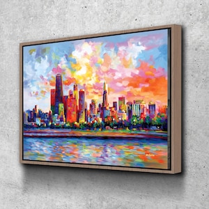 Chicago Skyline Sunset Canvas Wall Art – Abstract Cityscape Print with Vibrant Colors for Modern Urban Home, Living Room, or Office Decor