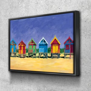 Beach Huts Colorful Canvas Art Row of Beach Huts by the Ocean for Coastal Living Room Beach House and Seaside Decor Wall Art Canvas