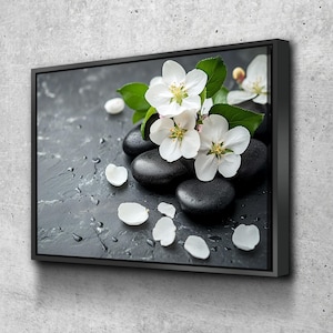 Floral Zen Stones Black Bathroom Wall Art | Bathroom Wall Decor | Bathroom Canvas Art Prints | Canvas Wall Art v1