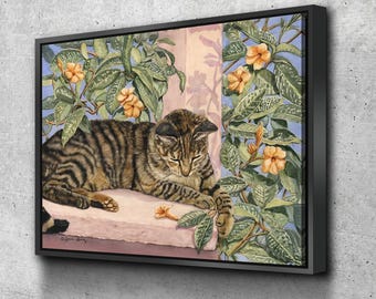 Chat des Caraïbes se détendre parmi les fleurs, toile d'art mural, impression d'art floral animalier, décoration murale naturelle, décoration d'intérieur, toile de haute qualité