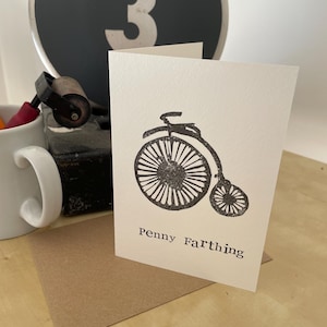 Carte de voeux Penny Farthing imprimée à la main - vierge à l'intérieur