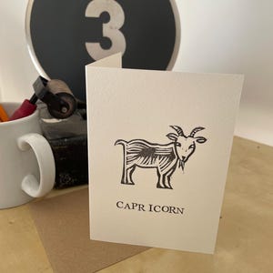 Capricorn Goat Linocut and Letterpress Card - hand-made to order