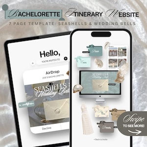 Seashells & Wedding Bells Bachelorette Website Template, Coastal Beach Bach Digital Invite, iOS Canva RSVP, Girls Trip Itinerary Invite