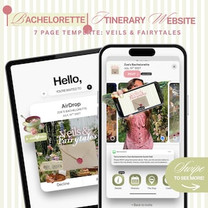 May include: A digital bachelorette itinerary website template featuring seven pages titled Veils & Fairytales. The interface displays mobile screens with event details, RSVP buttons, and navigation icons for details, itinerary, stay, and costs.