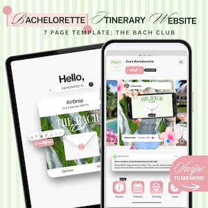 Könnte beinhalten: Eine digitale Vorlage für eine Junggesellinnenabschied-Reiseplan-Website mit dem Titel The Bach Club, angezeigt auf einem Tablet und Smartphone. Die Benutzeroberfläche bietet rosa und grüne Akzente, RSVP-Schaltflächen und Navigationssymbole.