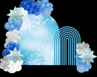 Guirnalda de globos azules y blancos con copos de nieve: cumpleaños de princesa de hielo, celebración del país de las maravillas invernal