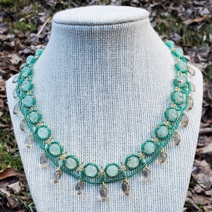 Beaded Gemstone Necklace with Prehnite, Citrine and Smokey Quartz Drops