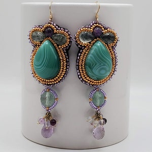Agate and Fluorite Purple and Green Bead Embroidered Earrings