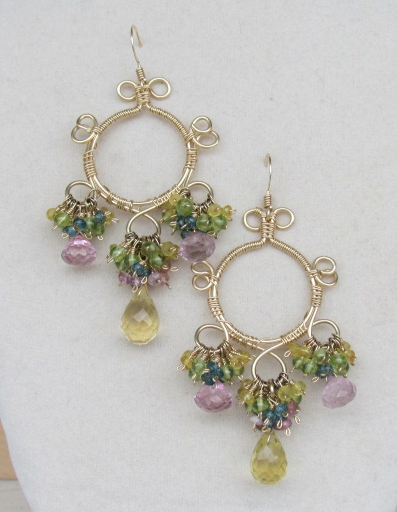 Wire Wrapped Chandelier Earrings With Citrine and Sapphire Etsy