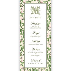 Classic Monogram Wedding Menu Template | Pink Green Chinoiserie Formal Dinner (3.875x9.25) | 23
