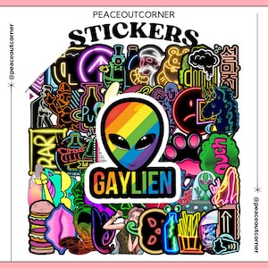 50 stuks neonreclame cartoon Gaylien-stickers, stickerpakket telefoon laptopfles, vinylstickers - geen duplicaten!
