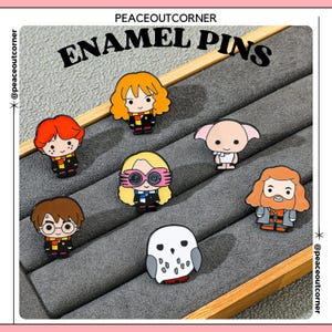 May include: Set of seven enamel pins featuring characters from the Harry Potter series. The pins are colourful and feature characters like Harry Potter, Hermione Granger, Ron Weasley, and more.