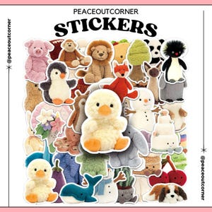 50 Stück Jellycat-inspirierte niedliche Plüsch-Aufkleber - Entzückende ästhetische Vinyl-Aufkleber für Laptops, Wasserflaschen, Tagebücher, wasserdichte Aufkleber