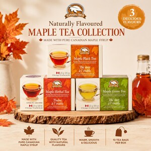 May include: A Canada True maple tea collection featuring three boxes of tea: Maple Black Tea, Maple Herbal Tea, and Maple Green Tea. Each box contains 10 tea bags, weighs 0.8 ounces, and is made with pure Canadian maple syrup. The set includes images of tea cups.