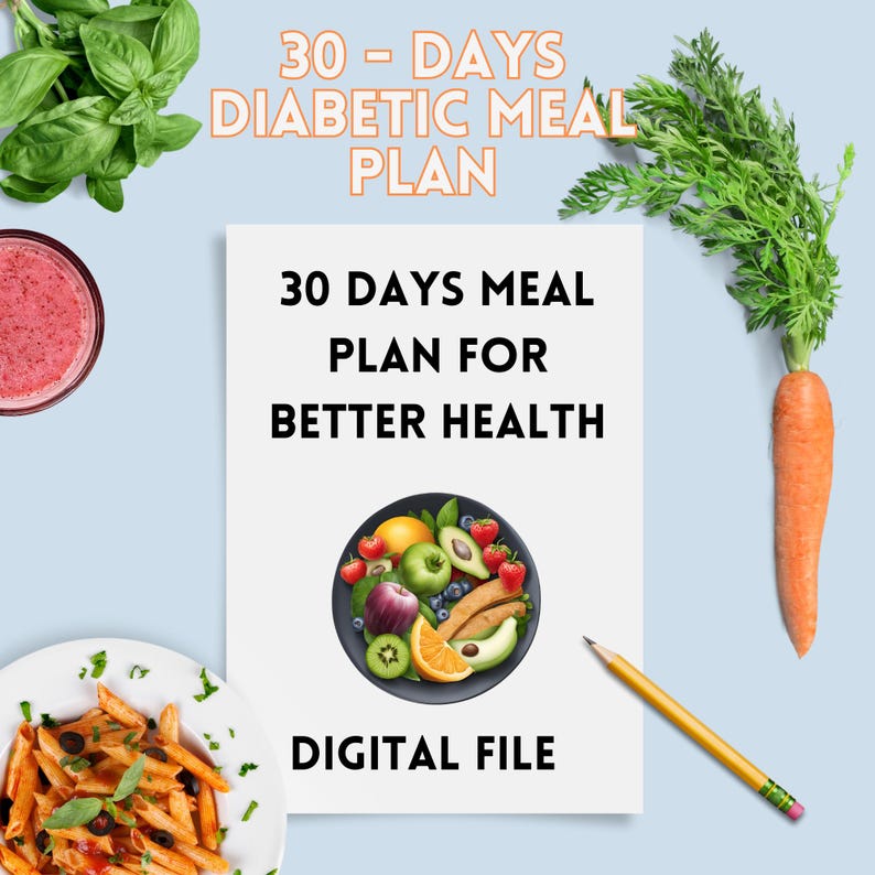 May include: A white digital file with the text "30 DAYS MEAL PLAN FOR BETTER HEALTH" and "DIGITAL FILE". The file is surrounded by a blue background with a plate of fruit, a carrot, a glass of pink smoothie, and a plate of pasta with basil.