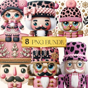 Może przedstawiać: Kolekcja ośmiu obrazów PNG przedstawiających szydełkowe lalki do dziadków do orzechów w kolorze różowym, czarnym i białym. Lalki mają szczegółowe cechy, w tym wąsy, kapelusze i dekoracyjne akcenty. Tekst "8 PNG BUNDLE" jest wyświetlany na złotym banerze.