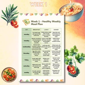 May include: A weekly meal plan with a colorful graphic of a plate of pasta with tomatoes and basil. The plan includes a list of breakfast, lunch, and dinner options for each day of the week, from Monday to Sunday.