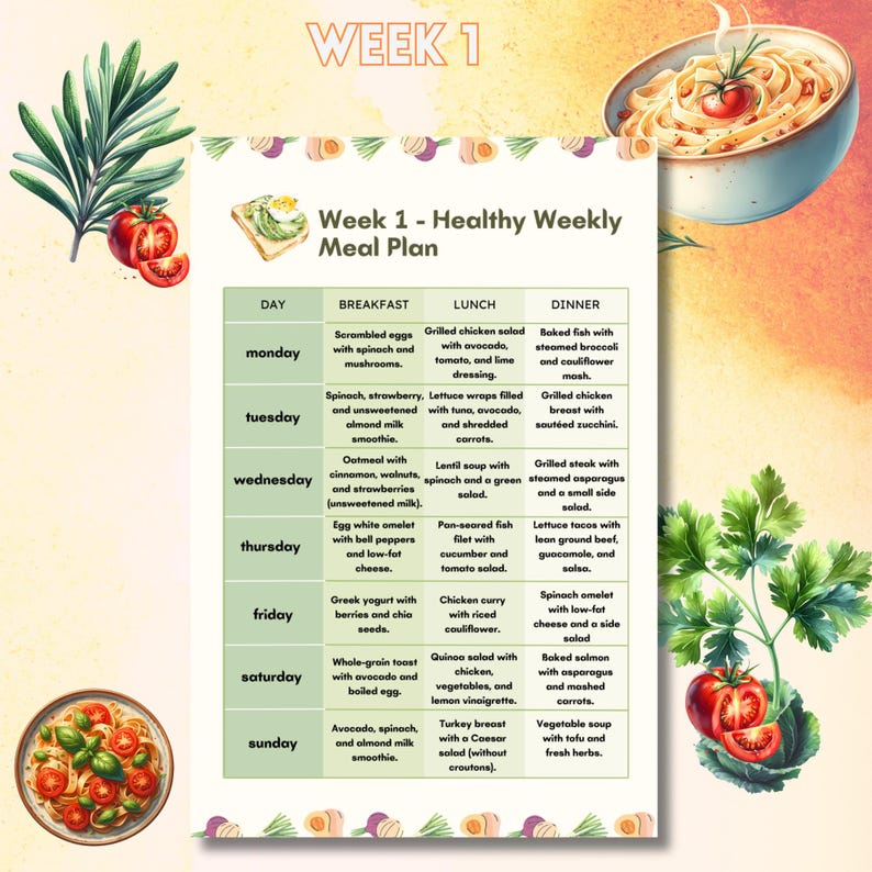 May include: A weekly meal plan with a colorful graphic of a plate of pasta with tomatoes and basil. The plan includes a list of breakfast, lunch, and dinner options for each day of the week, from Monday to Sunday.