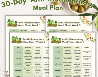 May include: A 30-day anti-inflammatory meal plan with a weekly breakdown of breakfast, lunch, and dinner options. The meal plan includes a variety of healthy and delicious recipes, such as quinoa porridge, chickpea avocado sandwich, tofu and veggie fry, overnight oats with blueberries, lentil bowl with avocado and cucumber, and sweet potato chili.