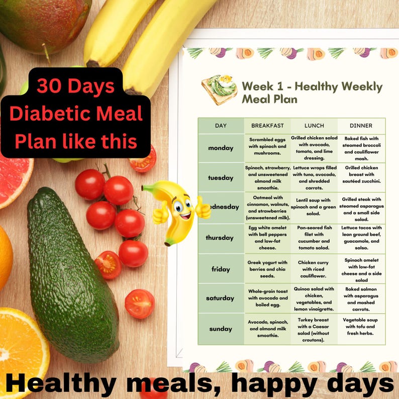 May include: A weekly meal plan for 30 days of diabetic-friendly meals. The plan includes breakfast, lunch, and dinner options for each day of the week. The meals are healthy and balanced, with a focus on fresh fruits, vegetables, and lean protein.