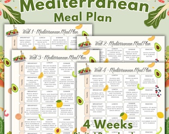 Mediterranean Meal Plan 4 Weeks, Mediterranean Diet Food List, Breakfast, Lunch, Snacks and Dinner Ideas.