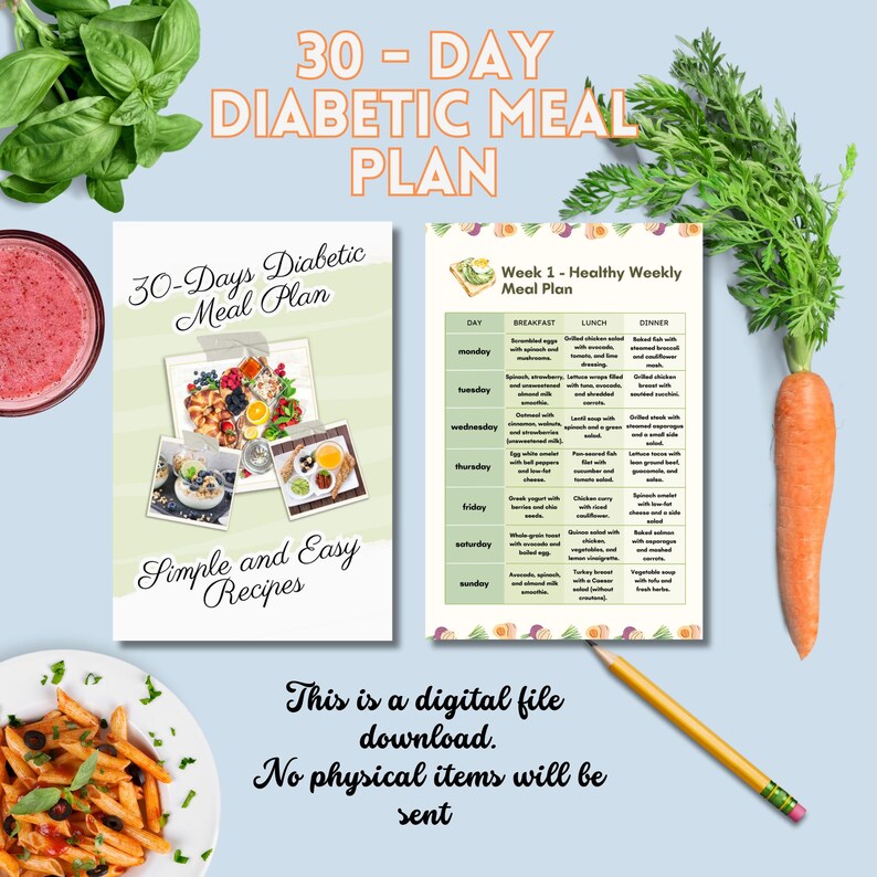 May include: A printable 30-day diabetic meal plan with a green and white background. The meal plan includes breakfast, lunch, and dinner options for each day of the week. The text "Simple and Easy Recipes" is at the bottom of the page.