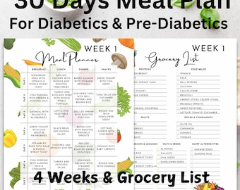 Plano alimentar para diabéticos, tabela alimentar de 4 semanas e lista de compras (arquivo digital)