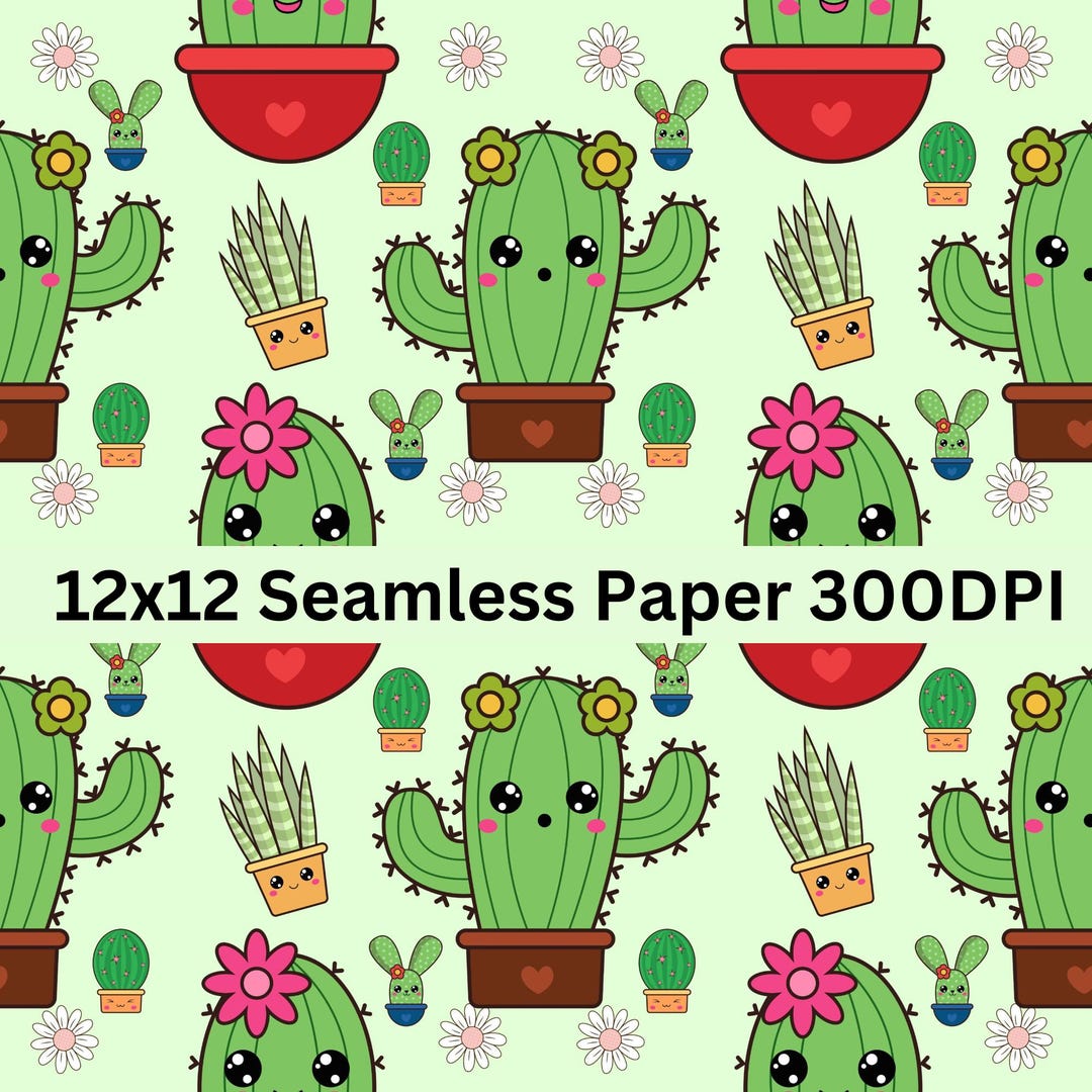 Kawaii Cactus Seamless Pattern - Cute Succulent Digital Paper, Adorable ...