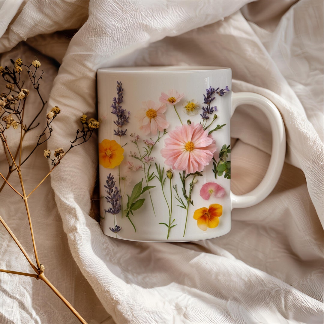 Pressed Flowers Mug, Boho Wildflowers Cottagecore Coffee Mug, Flower ...